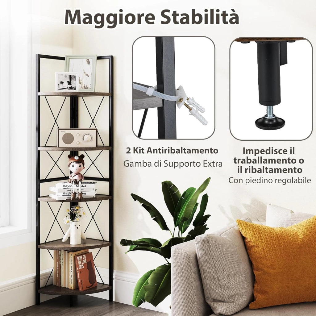 Scaffale Angolare, Libreria Industriale a 5 Ripiani con Struttura in Metallo, Libreria a Scale per Soggiorno Ufficio Cucina Spazi Piccoli, 35x35x160 cm (Grigio Rovere)