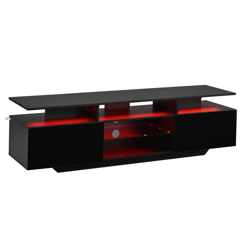 Mobile TV 160x40x45 cm con LED controllabile via app, 2 vani, MDF e vetro nero