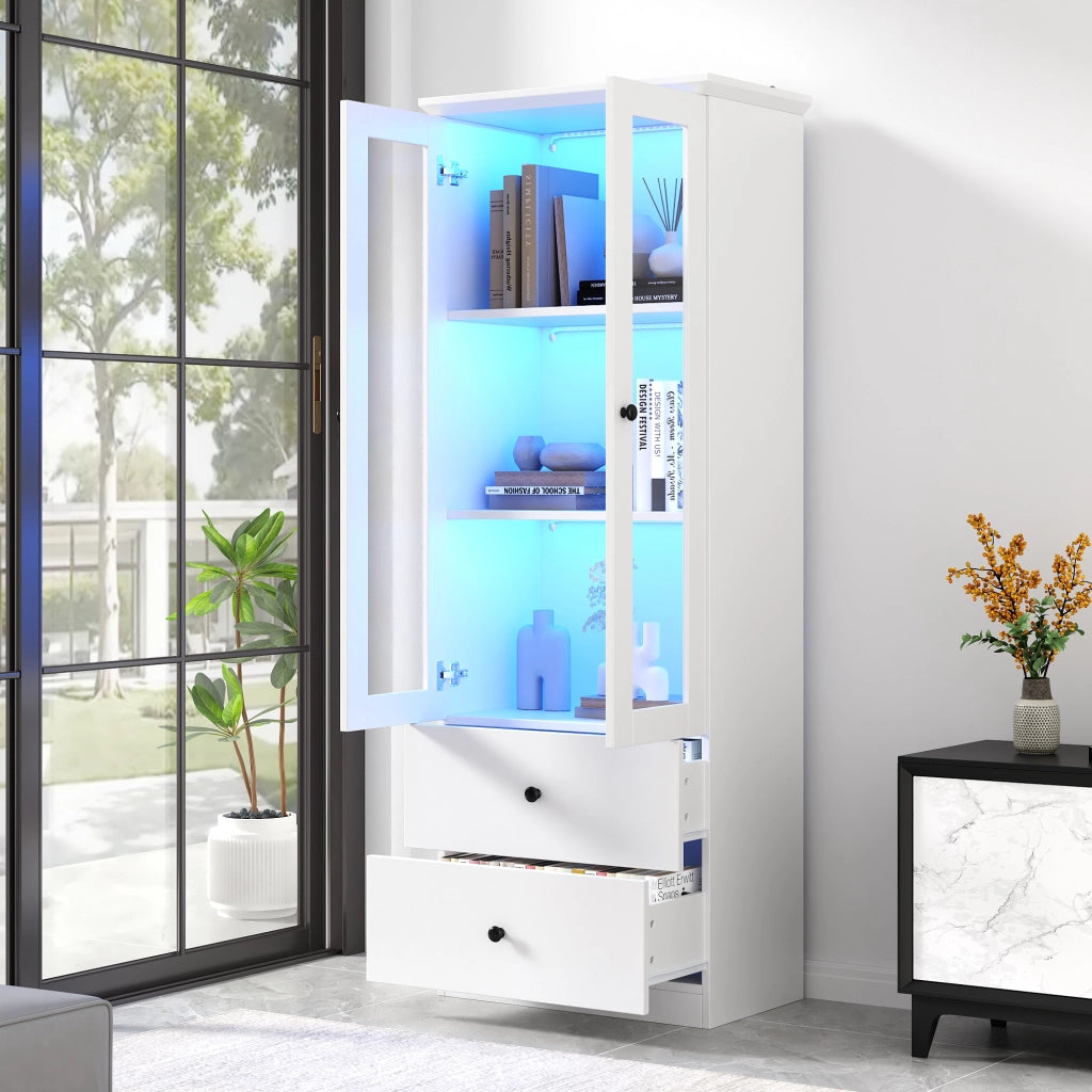 Vetrina con LED, 2 cassetti e ripiani regolabili, con ante a battente, per soggiorno, bianco, 165 × 60 × 35,5 cm