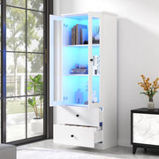 Vetrina con LED, 2 cassetti e ripiani regolabili, con ante a battente, per soggiorno, bianco, 165 × 60 × 35,5 cm
