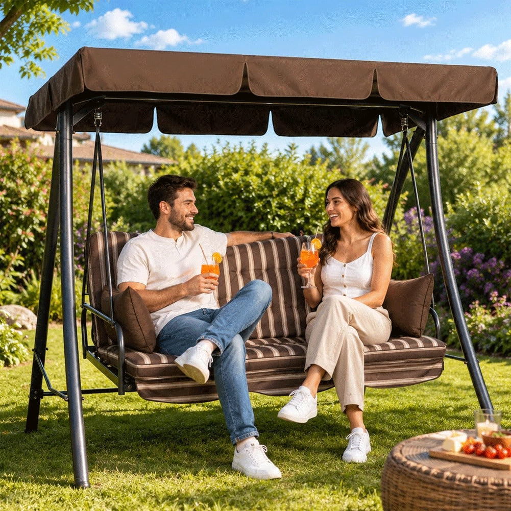 Dondolo Grande Giardino 3 Posti Reclinabile Letto Altalena Colore Moka Rigato