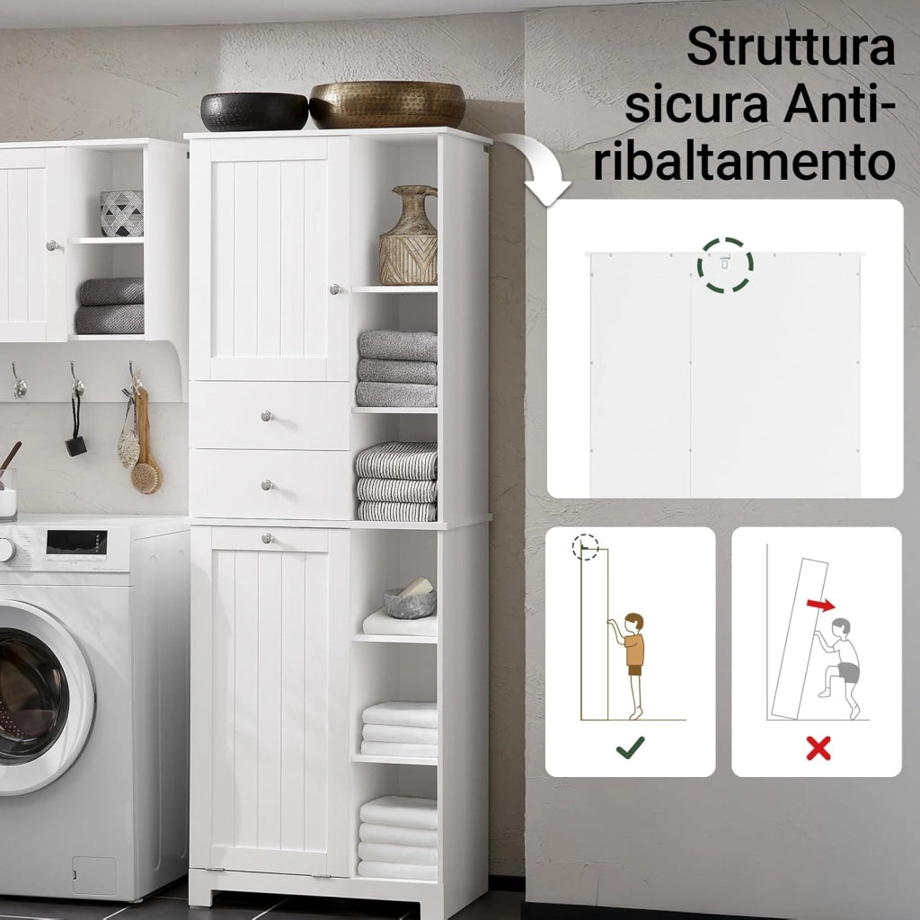 Mobile Bagno con Cesto per Linge Mobile Rangemento Alto Armadio Bagno con 6 Ripiani e 2 Cassetti Mobiletto Salvaspazio Bianco 60x37x171 cm BZR104-W