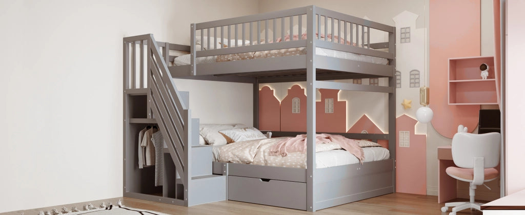 DESMIU Letto a castello 4 posti con scala contenitore e cassetto, 140 × 200 cm, senza materasso, legno grigio