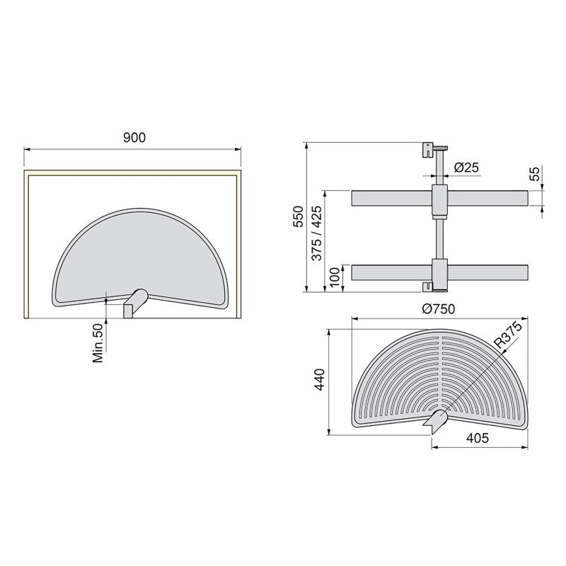 Set di piatti girevoli 3/4 Shelvo, per modulo da 900 mm, Tecnoplastica e Alluminio, Bianca