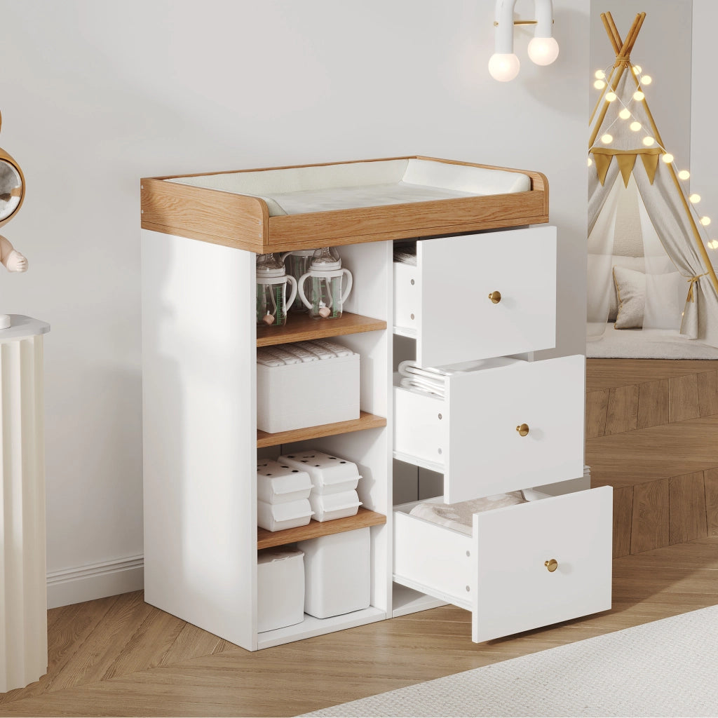 Desviae Fasciatoio per neonati 2 in 1 con cassetti e ripiani laterali in MDF bianco ed effetto legno