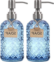 Dispensatore di sapone per mani e piatti in vetro con pompa in acciaio inossidabile - blu - 2-pack
