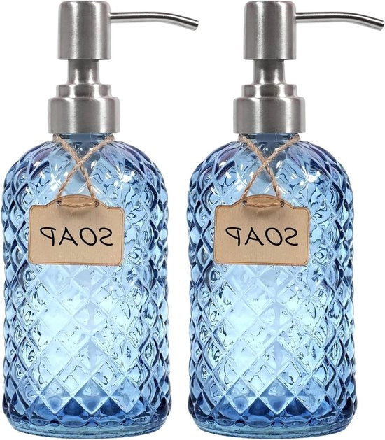 Dispensatore di sapone per mani e piatti in vetro con pompa in acciaio inossidabile - blu - 2-pack