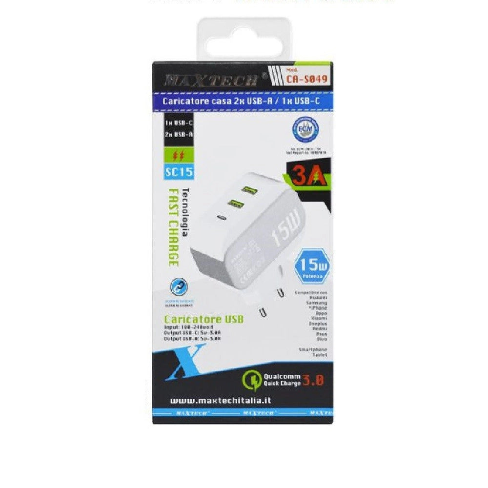 Trade Shop - Caricatore Parete Casa Doppia Porta Usb 1x Usb-c Type-c Ricarica 15w 3a Ca-s049 -