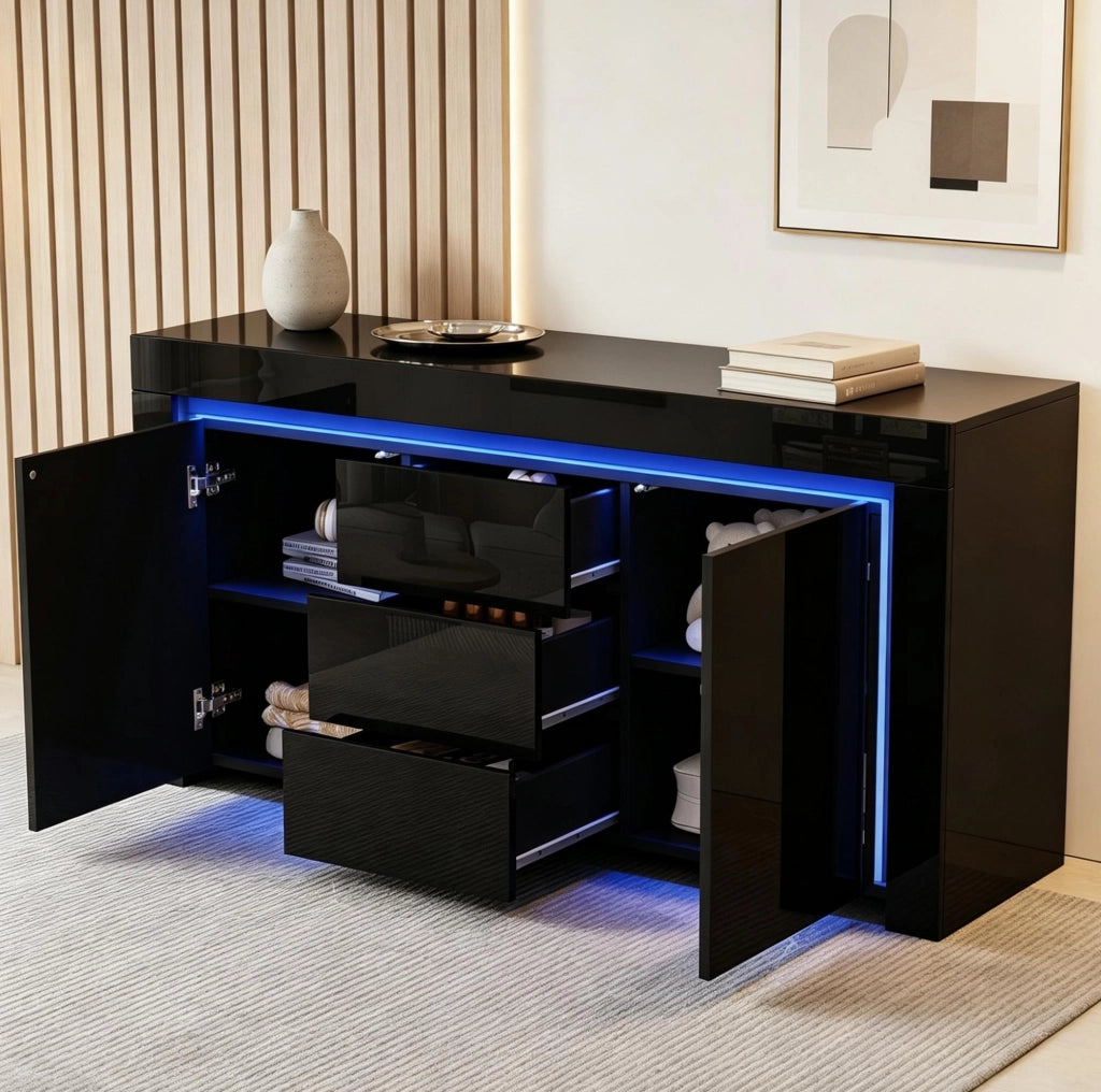 Sideboard nero lucido con 2 ante, 3 cassetti e luci LED