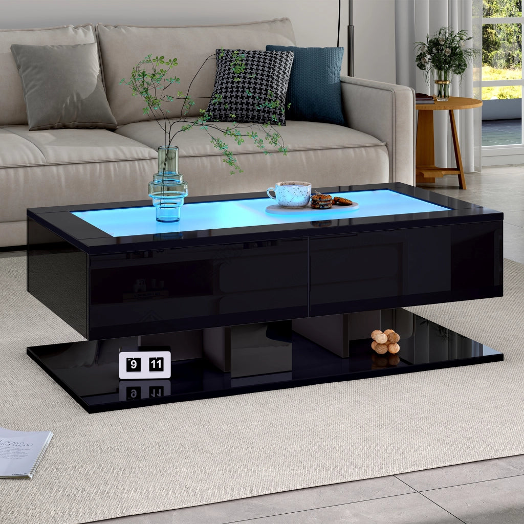 Tavolino basso con 2 cassetti, piano in vetro temperato e LED, finitura lucida, per soggiorno, nero, 100 × 50 × 35 cm