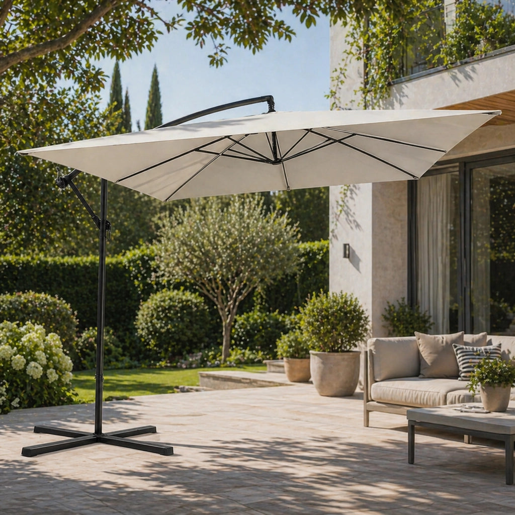 Ombrellone Decentrato Con Braccio Laterale Apertura A Manovella Telo Impermeabile UV30+ Camino Ventilazione Da Esterno 3 x 3 x 2.5 M Beige