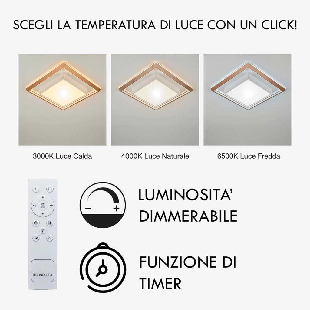 Plafoniera Geometrica LED 48W CCT Bluetooth Dimmerabile Quadrata Cornice Dorata Luce Salotto Ufficio Cucina Telecomando