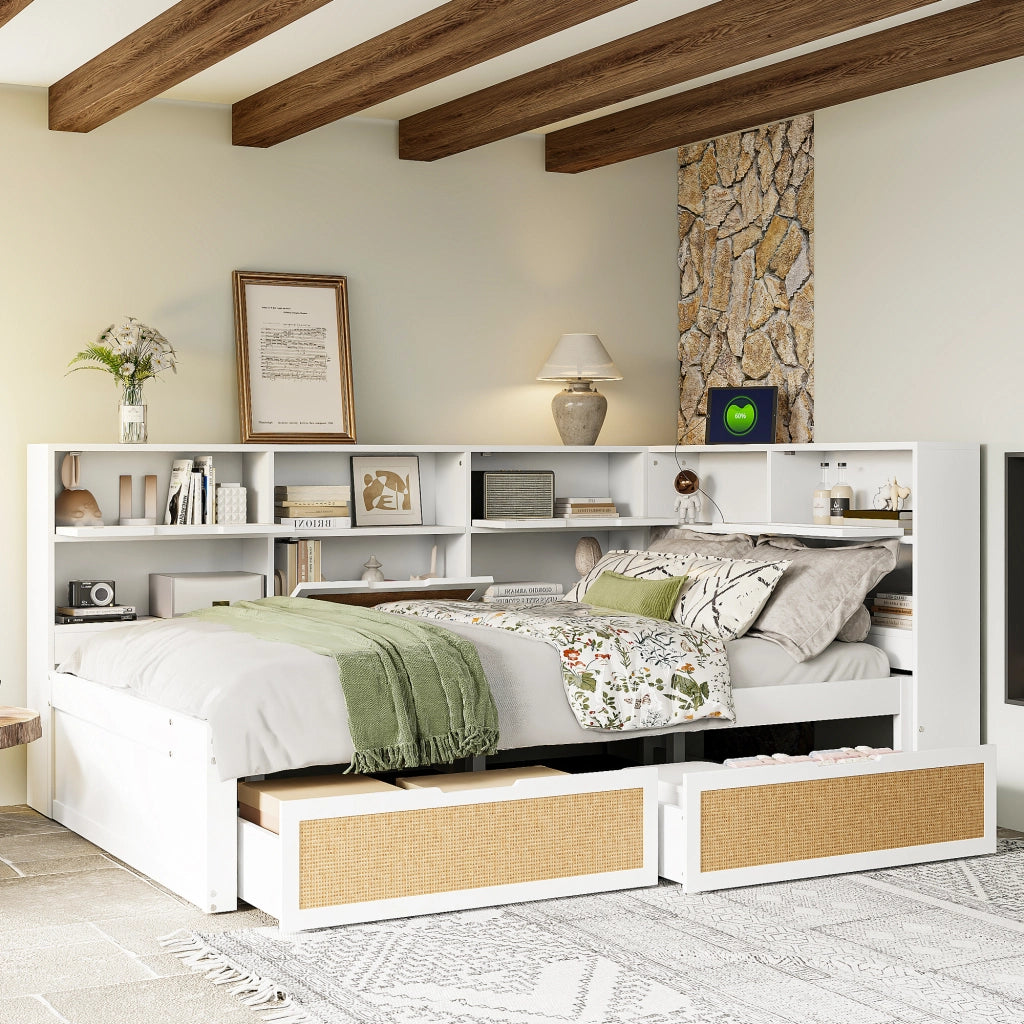 Letto a Divanetto 140 x 200 cm; Letto Matrimoniale - USB; Prese e 2 Cassetti - Bianco