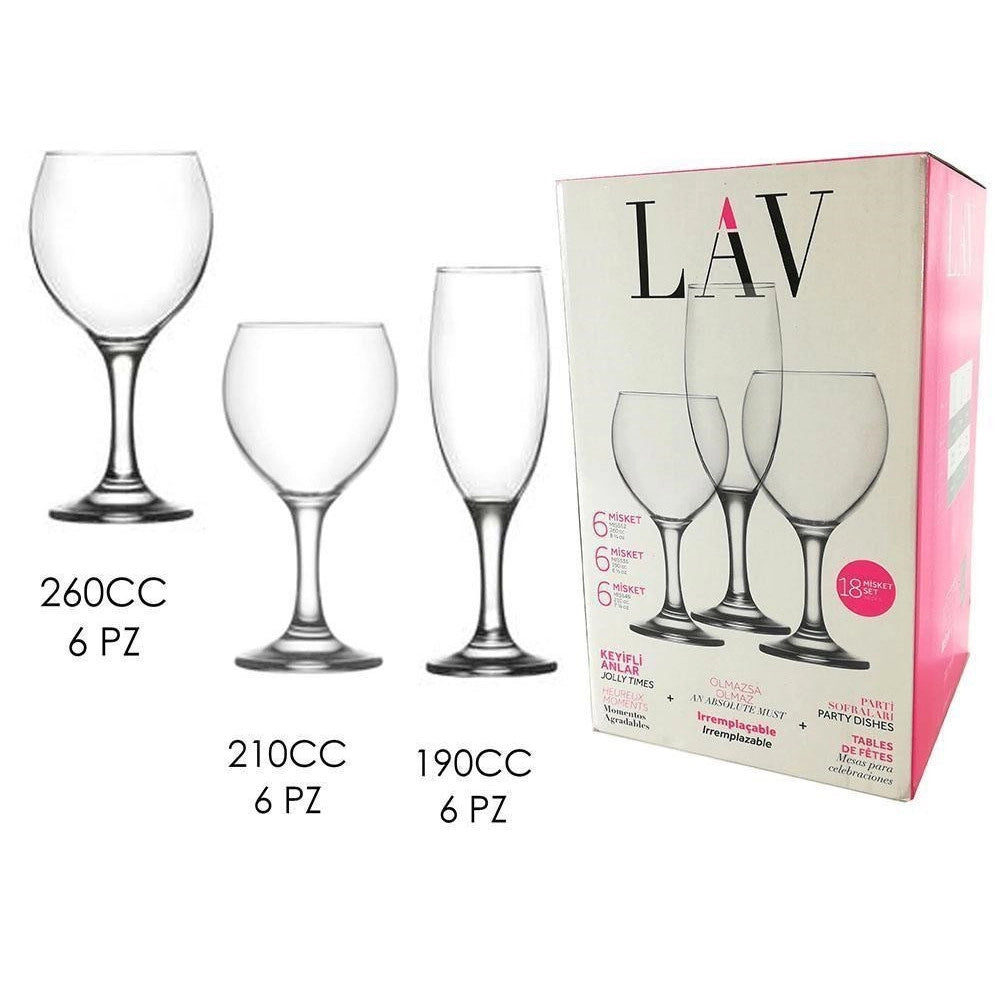 Trade Shop - Set Calici 18 Pz In Vetro Trasparente Da 260cc / 210cc / 190cc Per Champagne Acqua Vino -