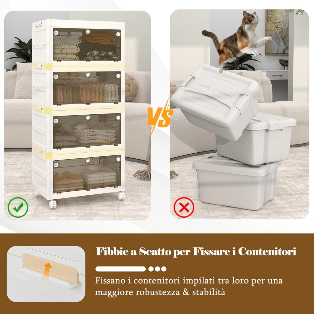 Comodino in Plastica Multipiano con Coperchio 168 L, Scatole Impilabili con 4 Ruote e Freni, Contenitori di Stoccaggio Pieghevole, per Soggiorno, Camera da Letto e Bagno, Bianco (4 Ripiani)
