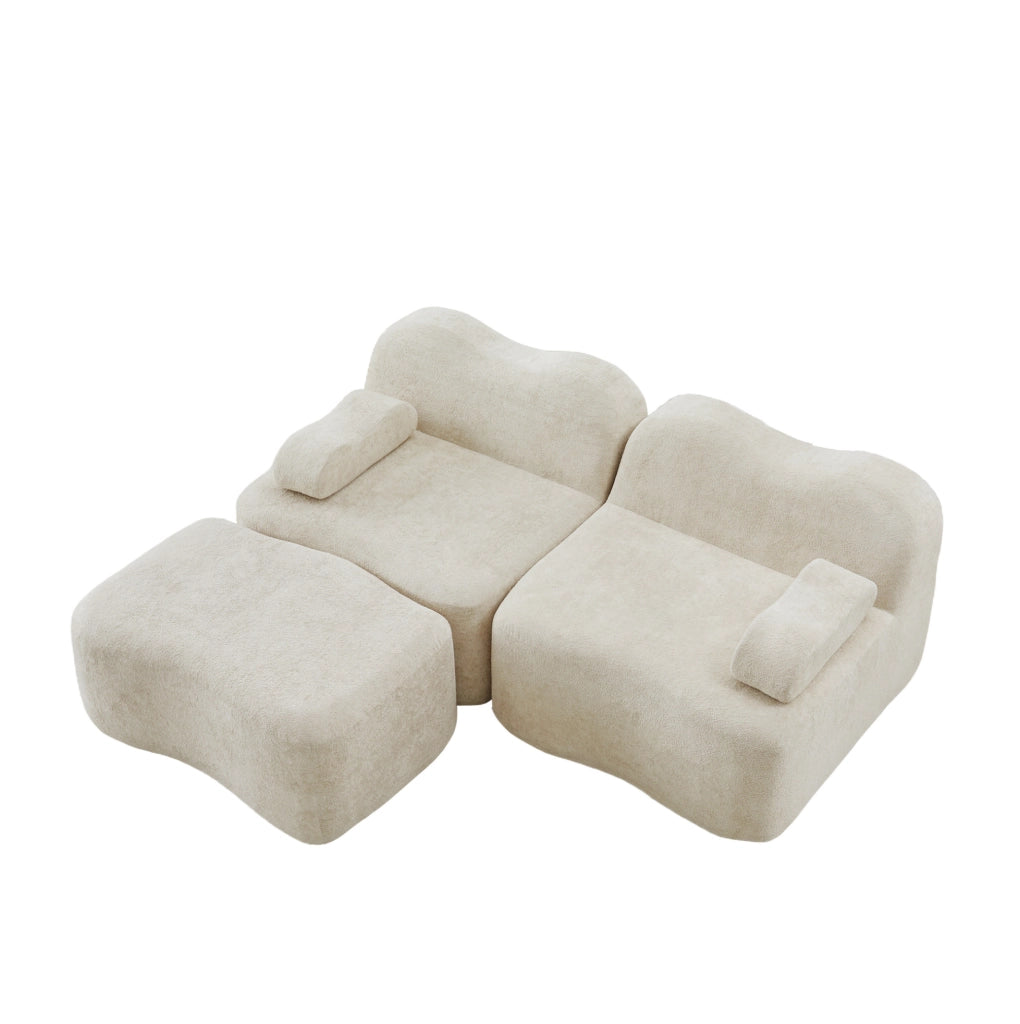 Divano modulare angolare a L 192x167x70 cm in velluto beige; con pouf; senza montaggio