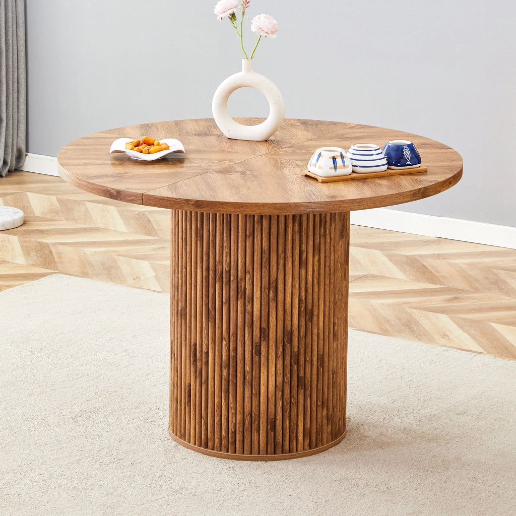 Tavolo da pranzo rotondo in MDF e metallo con piano a 4 segmenti e base cilindrica, per cucina, effetto legno, 100 × 76 cm