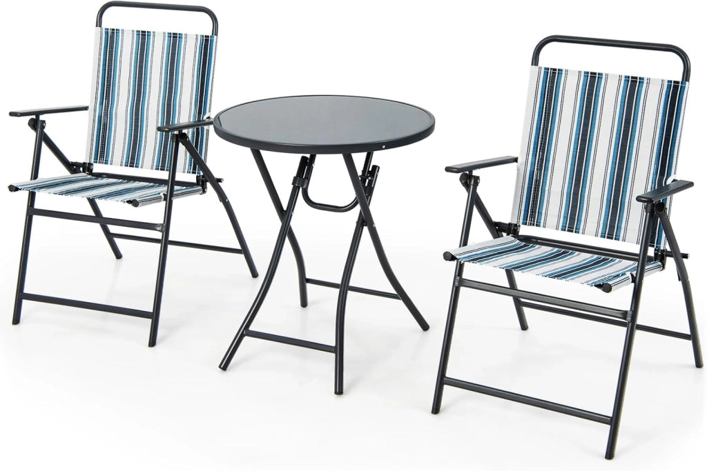 Set da balcone pieghevole da 3 pezzi, tavolo da bistrot con 2 sedie, set di mobili da giardino Teslin con tavolo rotondo e sedie pieghevoli, set di mobili da giardino per balcone cortile