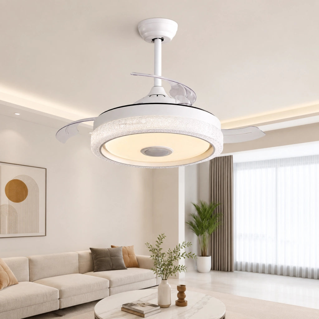 Ventilatore da soffitto 55.0x55.0x30.0 cm con luce LED RGB e altoparlante Bluetooth in PC bianco