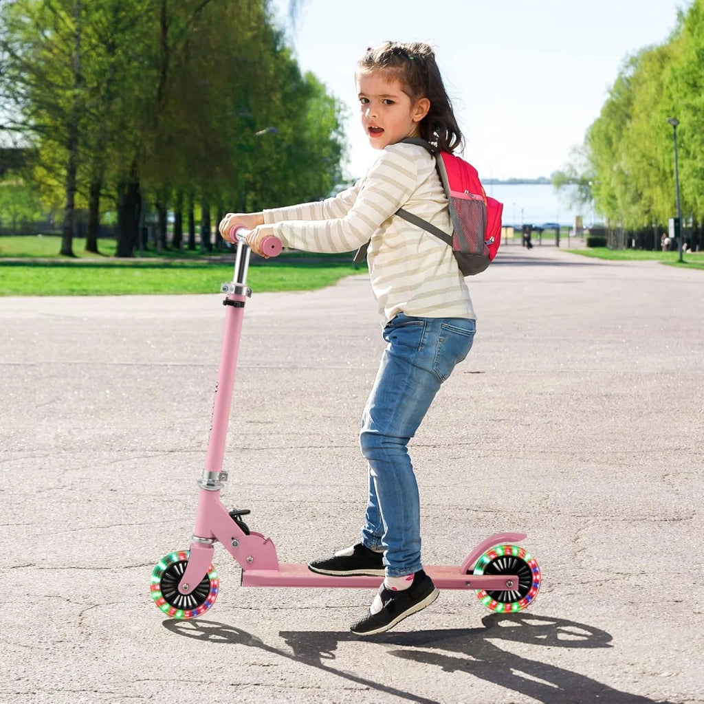Monopattino Bambini, Monopattino Bambino e Bambina +3 Anni Pieghevole con 2 Ruote Lampeggianti, Manubrio Regolabile e Freno (Rosa)