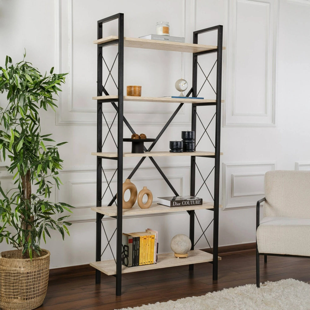 Libreria Suriel, Scaffale da ufficio, Mobile portalibri, Biblioteca, 90x34 h180 cm, Beige e Nero