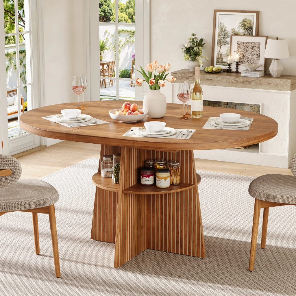 Tavolo allungabile rotondo per 2-8 persone con ripiano contenitore, in MDF, finitura noce, 110-150 × 110 × 77,5 cm