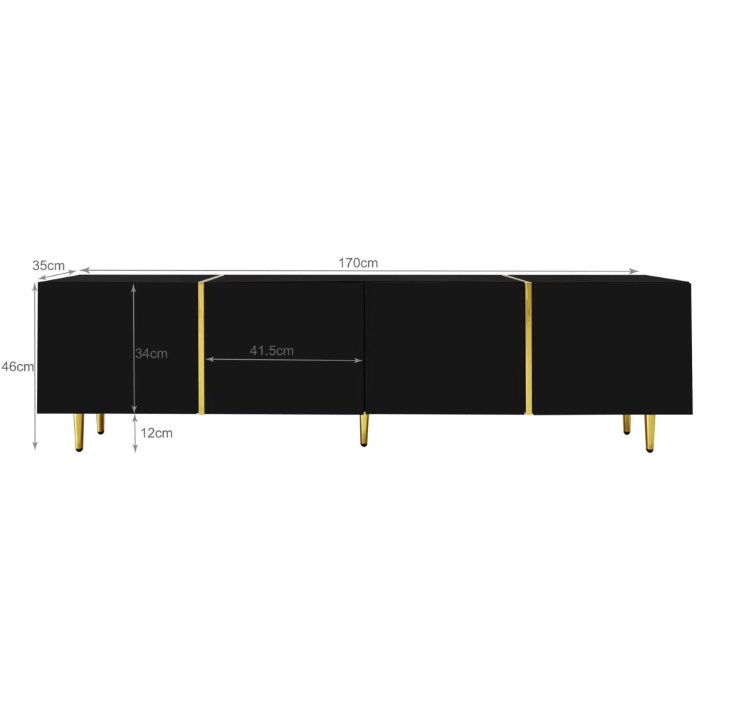 Mobile TV moderno in MDF nero lucido con 4 ante e dettagli oro; 170x35x46 cm