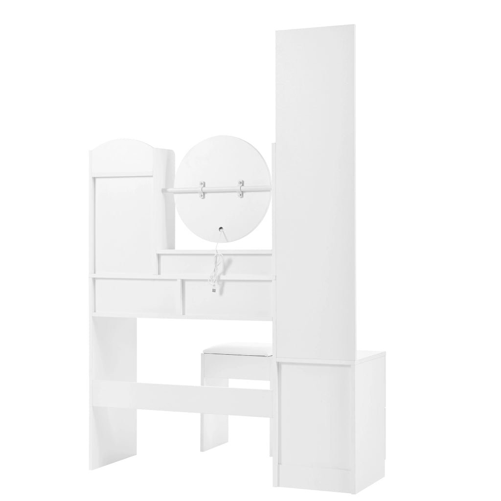 Toeletta con 4 cassetti; specchio LED e sgabello per camera da letto in truciolare bianco