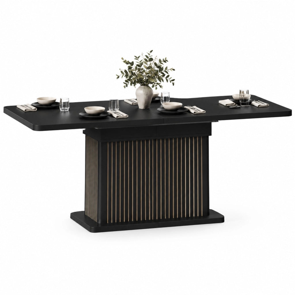 Tavolo da pranzo allungabile 120-160 cm con contenitore; MDF e metallo; nero