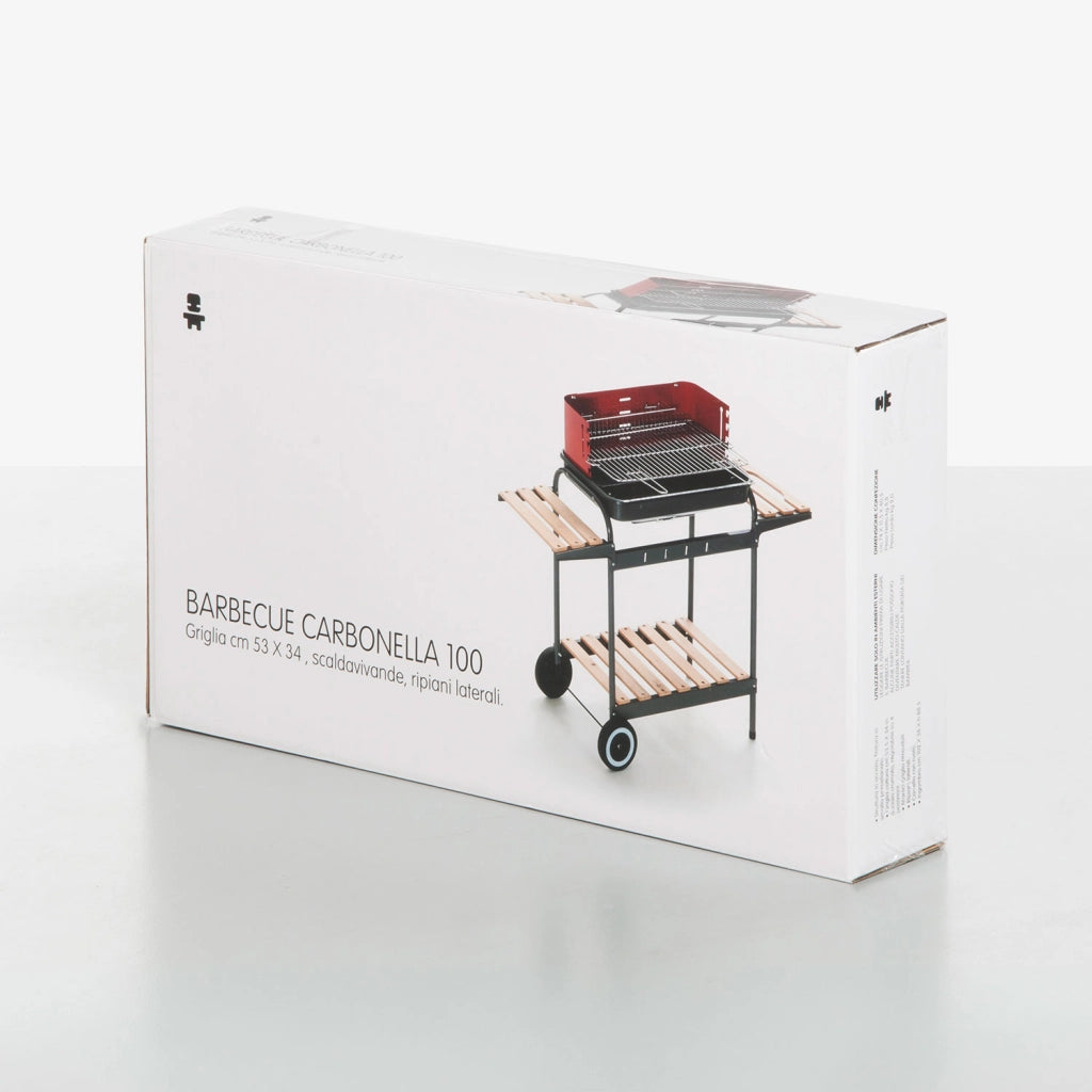 Barbecue a Carbonella 102x38x88,5 cm Struttura in Acciaio e Ripiani in Legno Nero e Rosso