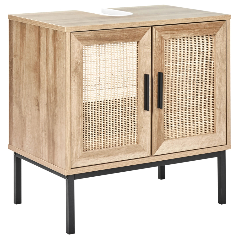 Mobiletto da bagno in particelle di legno chiaro Rattan intrecciato 60 x 60 cm Boho Design