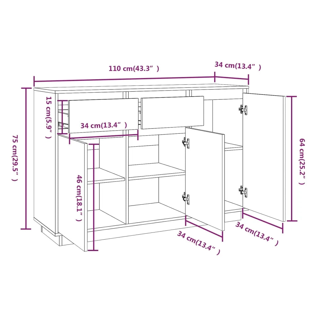 Credenza Bianca 110x34x75 cm in Legno Massello di Pino 814330