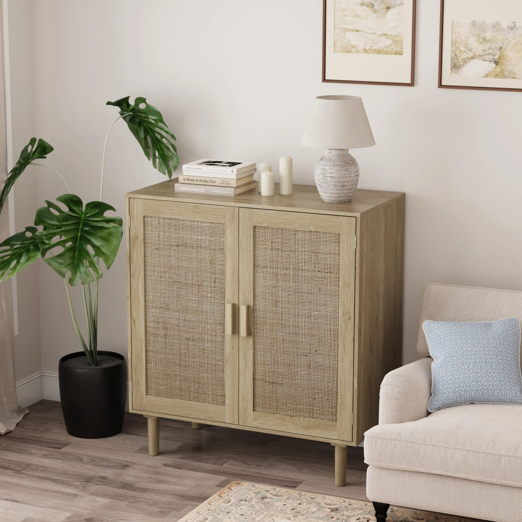 Credenza a 2 ante in rattan e MDF con maniglie in legno, per soggiorno e ingresso, naturale, 80 × 40 × 88 cm