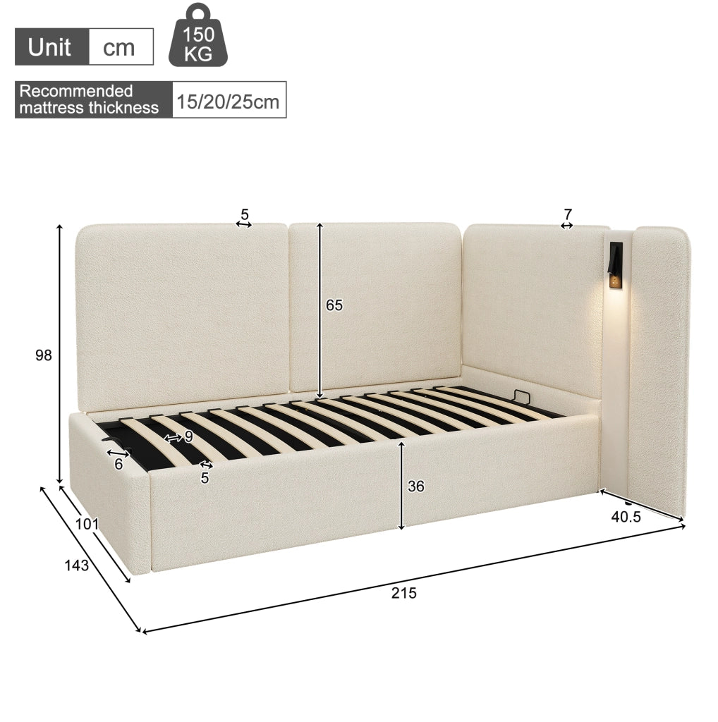Letto contenitore 90x200 cm con lampada da lettura; USB e Type-C; bouclé beige