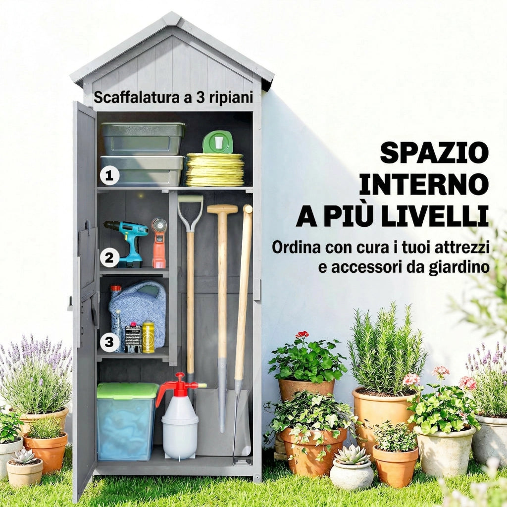 Armadio da Esterno 77x52,5x178 cm Armadio con Banco Lavoro Ribaltabile in Legno Grigio