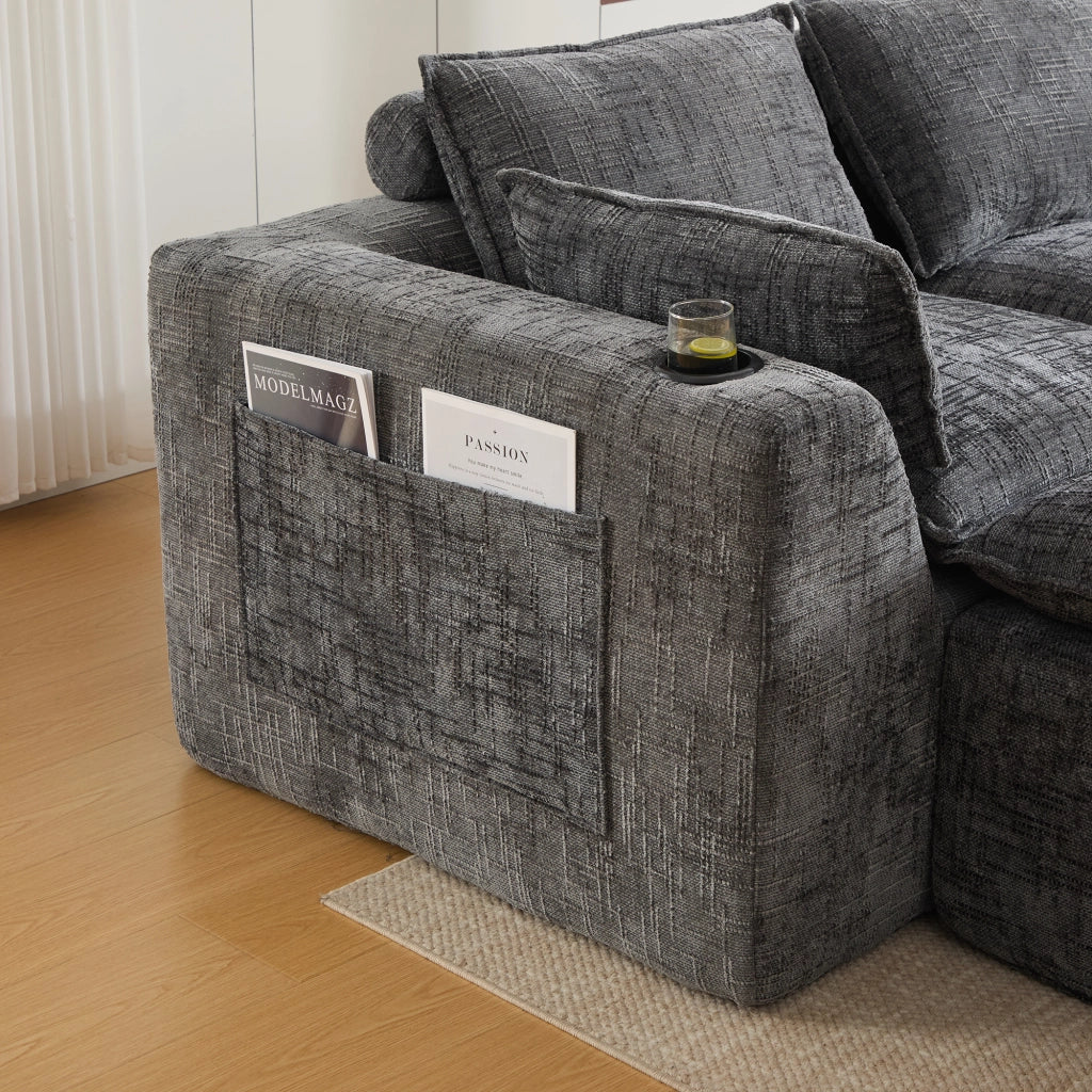 Divano modulare 4 posti con tasche laterali e cuscini in tessuto chenille grigio scuro per salotto 322 × 161 × 75 cm
