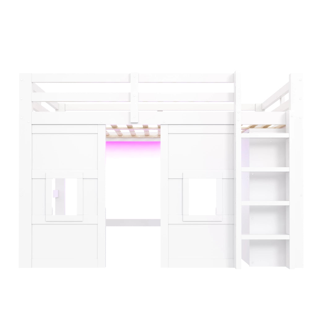 Letto a Soppalco con Armadio Integrato e LED ¨C MINIMAL ¨C Legno Bianco 140x200