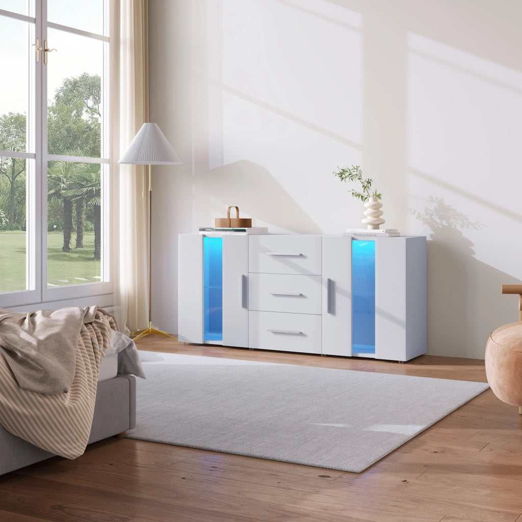 Mobile TV con 2 ante e 3 cassetti; illuminazione LED - per soggiorno - 140×35×70 cm