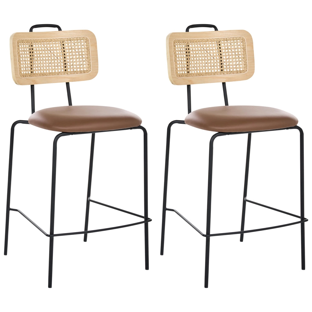 Set di 2 sedie da bar con seduta in ecopelle marrone schienale in rattan gambe in ferro senza braccioli cappucci protettivi design boho moderno