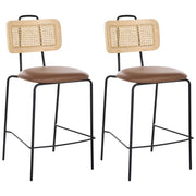 Set di 2 sedie da bar con seduta in ecopelle marrone schienale in rattan gambe in ferro senza braccioli cappucci protettivi design boho moderno