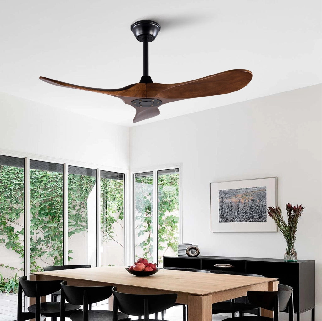 Ventilatore da soffitto senza luce con 3 pale in legno; telecomando; nero e noce scuro