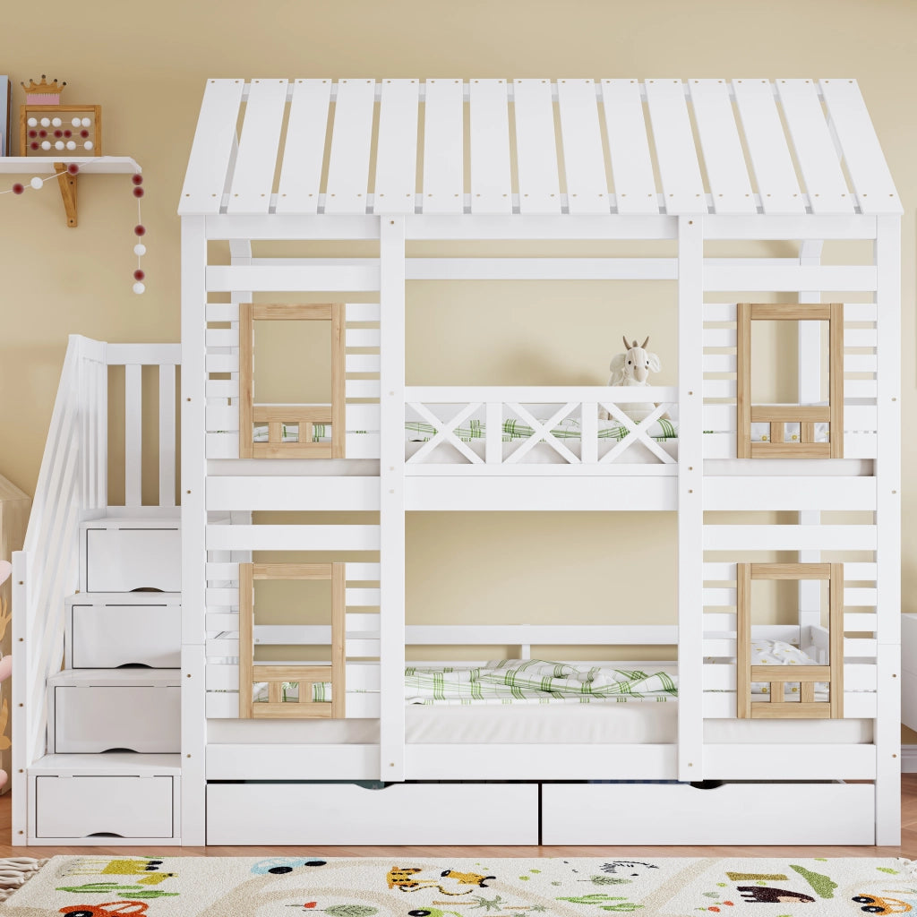 Letto a Castello 90x200 cm; Letto per Bambini - Finestre; 2 Cassetti; Scala 4 Scomparti
