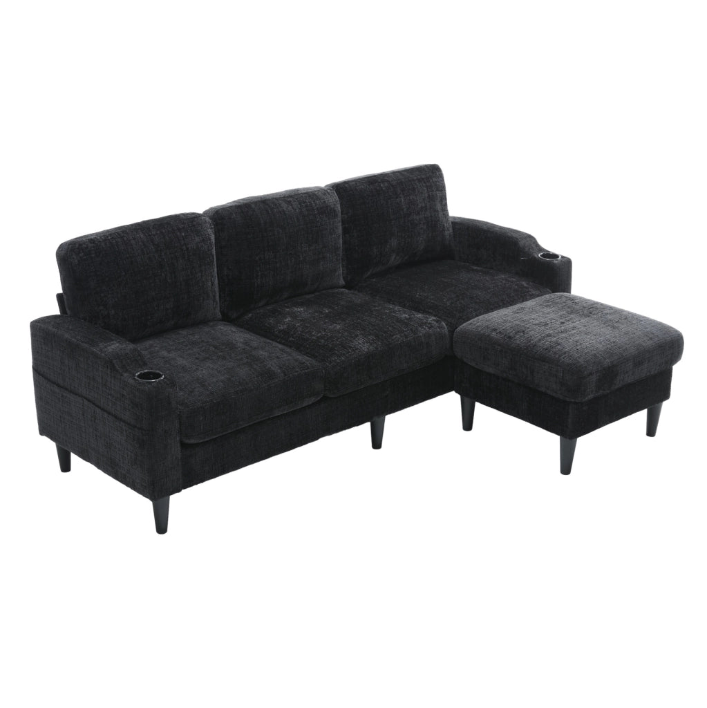 Divano 4 posti con pouf contenitore 196.5x75x77 cm in chenille nero