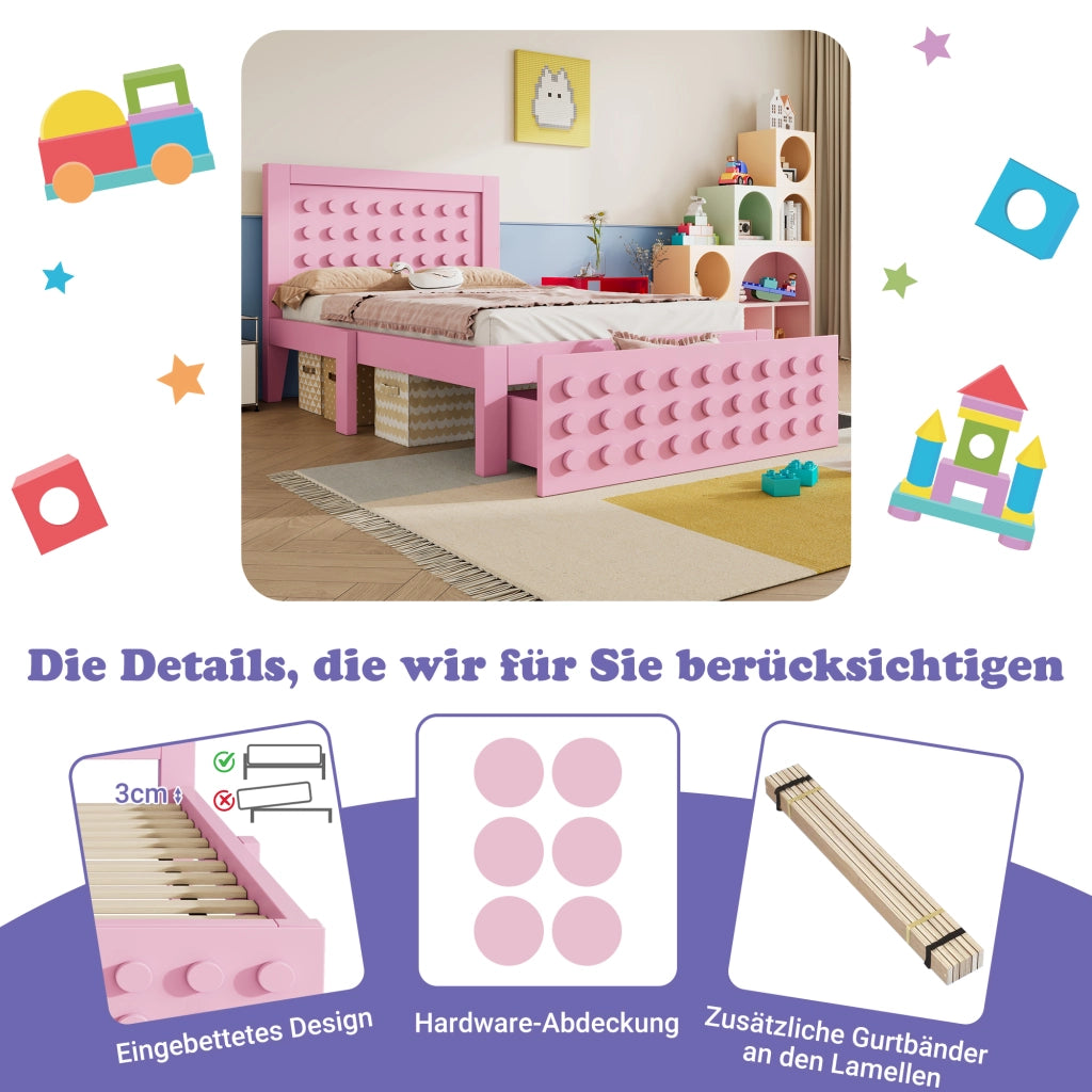 Letto con cassetti 90 × 200 cm con rete a doghe; vano sottoletto in legno e MDF rosa