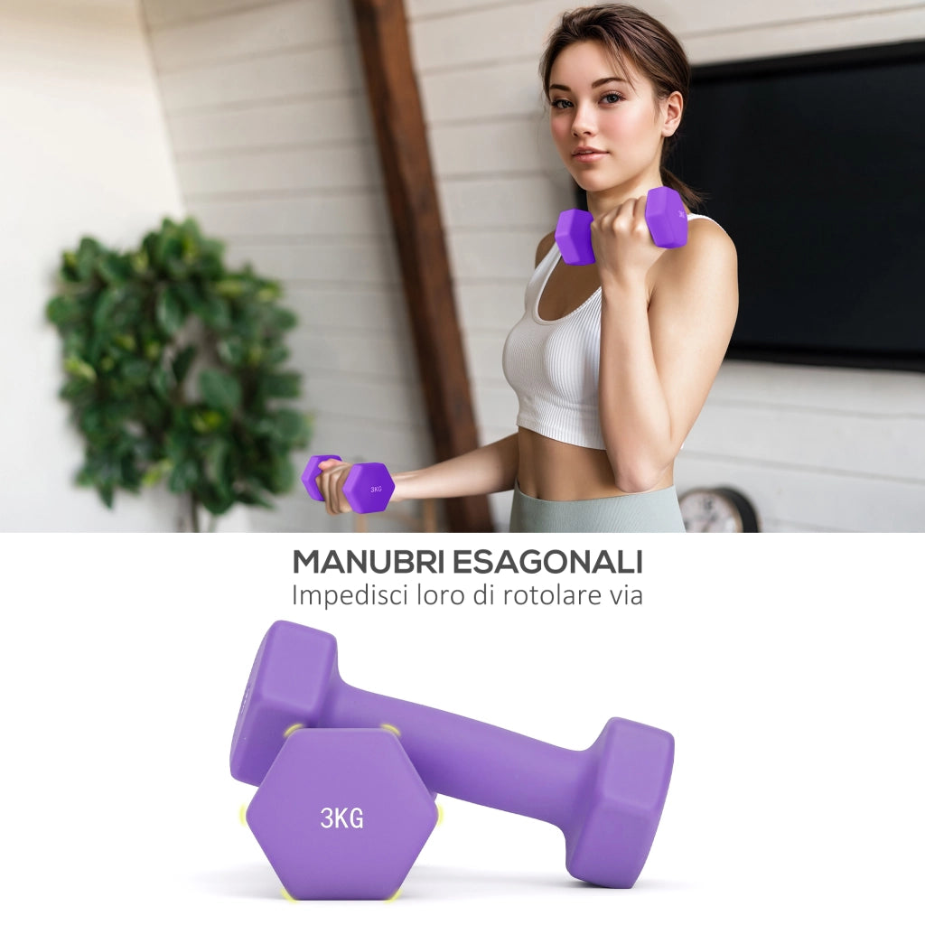 Set 6 Manubri Pesi (2x1 kg, 2x2 kg, 2x3 kg) da 12 kg con Supporto/Kettlebell, in Metallo e PP Rosa, Azzurro e Viola