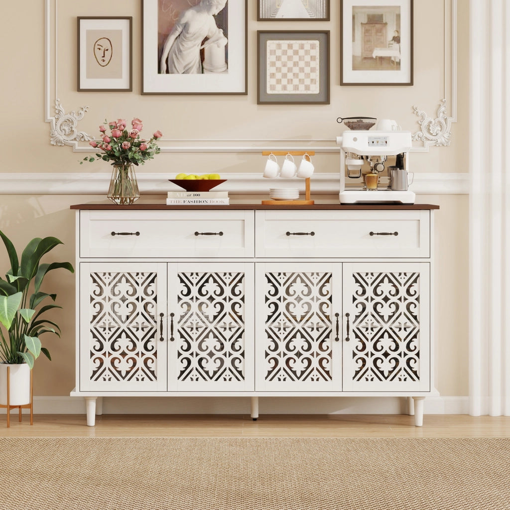 Credenza con 4 ante; 2 cassetti e ripiani regolabili - bianco - 150×40×90.3 cm