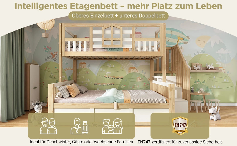 Letto a Castello per Bambini 90+140x200 ¨C MINIMAL ¨C Bianco/Legno Naturale, Idraulico, Contenitore, Doghe, Rete