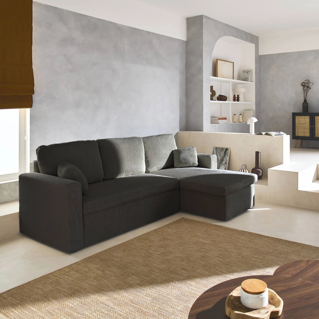 Divano letto angolare reversibile, 3 posti, grigio scuro