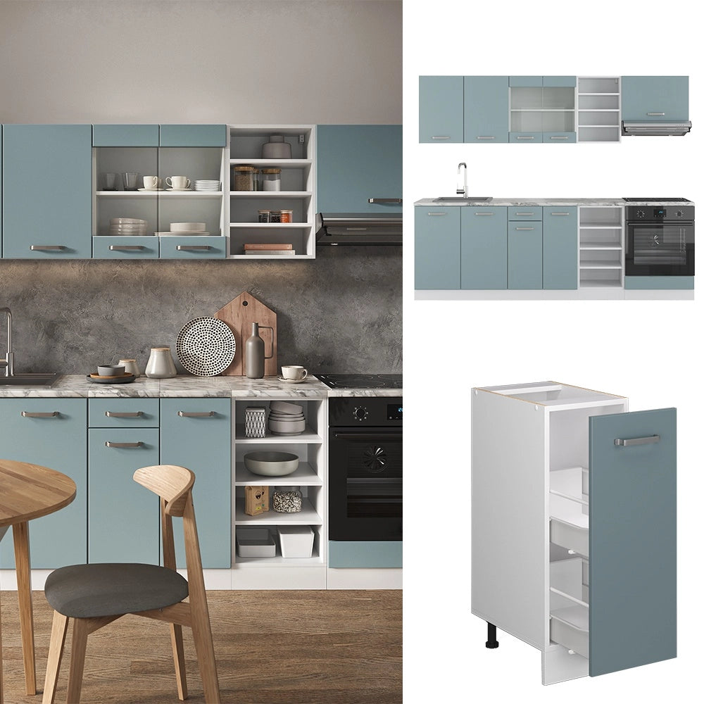 Cucina componibile R-Line Grigio-blu/Bianco 240 cm senza piano di lavoro Vicco