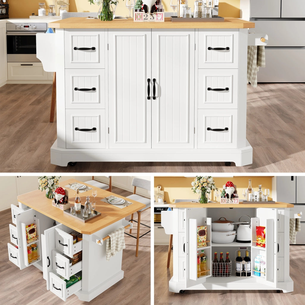 Isola da cucina mobile - Zephmum - 120x45x91 cm - Bianco/Nero - Con 2 ante e 6 cassetti, ruote